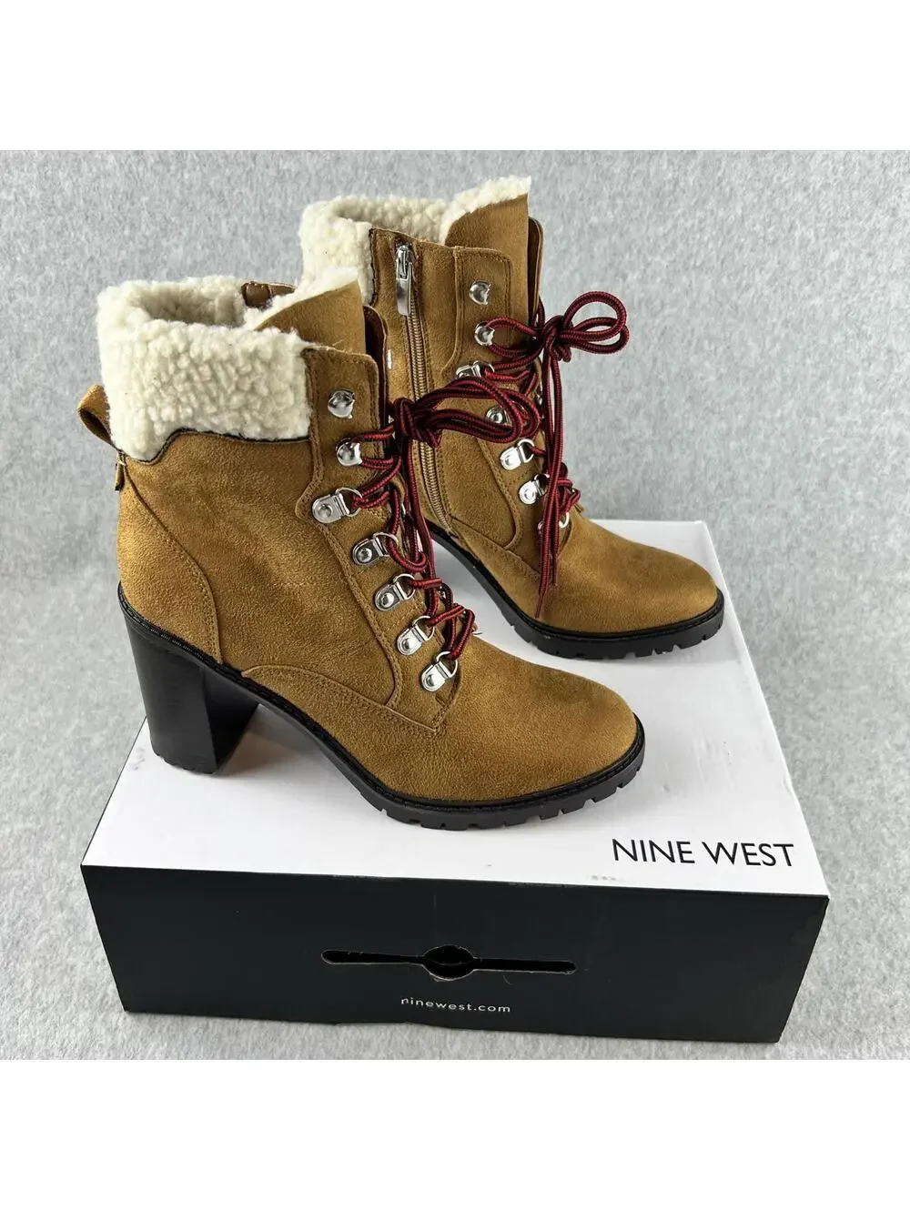 Nine West Ankle Boots Womens 9.5 Block Heel Faux Suede Shearling Trim